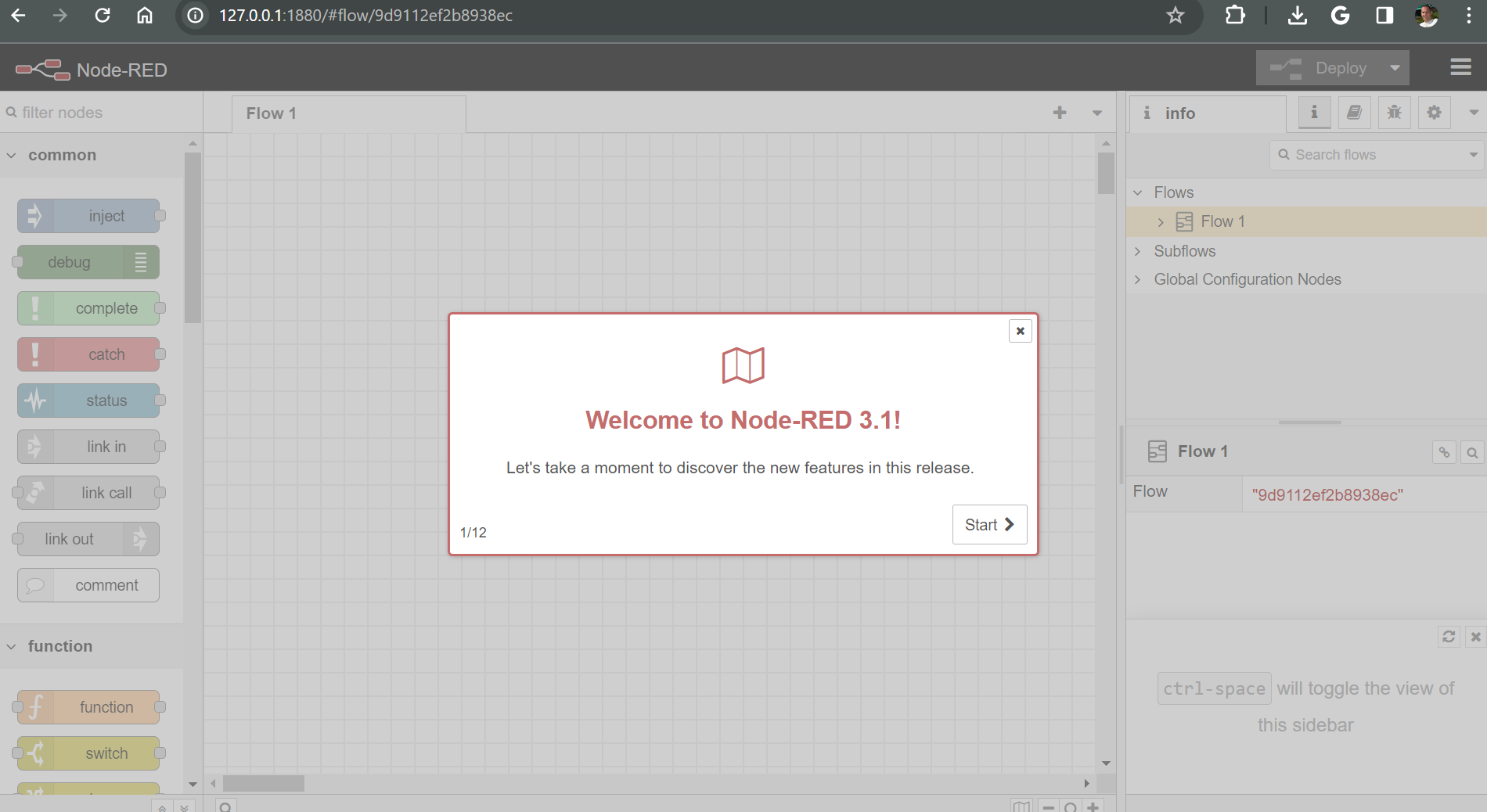 Node-RED welcome screen