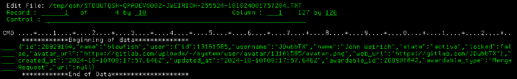 QSHCURL Display Response